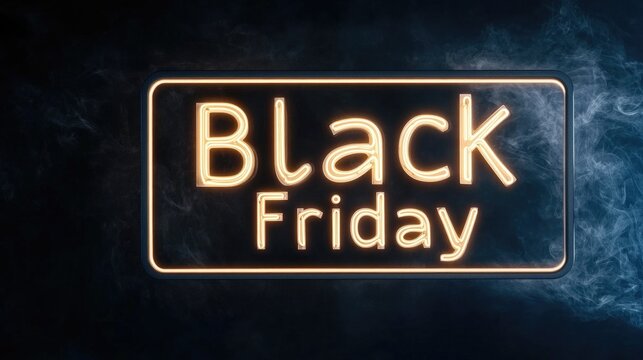 Glowing orange and purple neon Black Friday sign surrounded by smoke in a dark atmosphere for a festive shopping event - Powered by Adobe