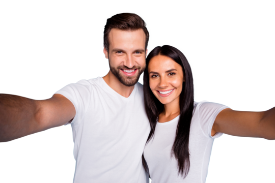 Closeup photo of charming pair making selfies wear casual outfit isolated blue background