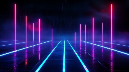 Fototapeta premium Futuristic neon lights reflecting on a wet surface, creating an immersive atmosphere.