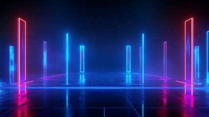 Futuristic neon lights scene with glowing pillars in blue and pink hues on a reflective floor.