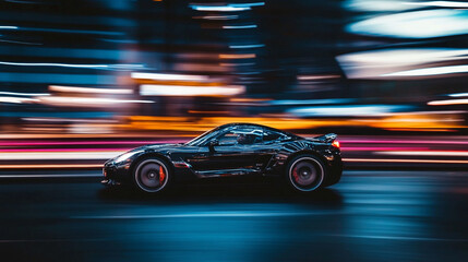 Fototapeta premium Silver-accented black sports car speeding through a dark city, urban lights blurred with motion-4
