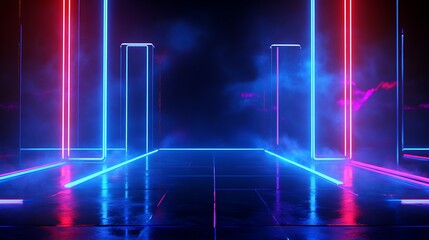 Fototapeta premium Futuristic neon lights shining in a dark space, creating an immersive atmosphere with reflections on the glossy floor.