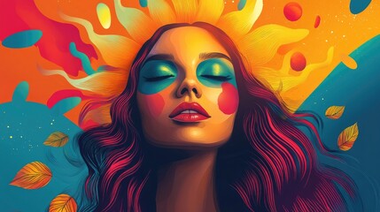 Obraz premium Stylized sun featuring a woman s face in a vibrant 2D cartoon style illustration