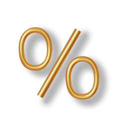 3D illustration of golden percent sign on white background. Realistic symbol for use in financial, marketing materials, web design. Vector illustration.