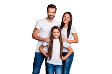 Portrait of charming family smiling wearing white t-shirt isolated over blue background