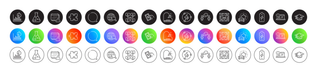 Notification, Online documentation and Internet search line icons. Round icon gradient buttons. Pack of Battery charging, Binary code, Consulting business icon. Vector