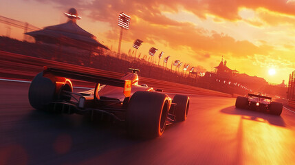 Sunset hues highlight speeding cars on the Grand Prix track, the energy of the race ignites-4