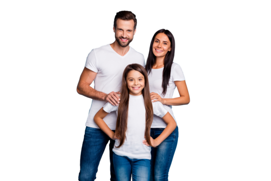 Portrait of charming family smiling wearing white t-shirt isolated over blue background