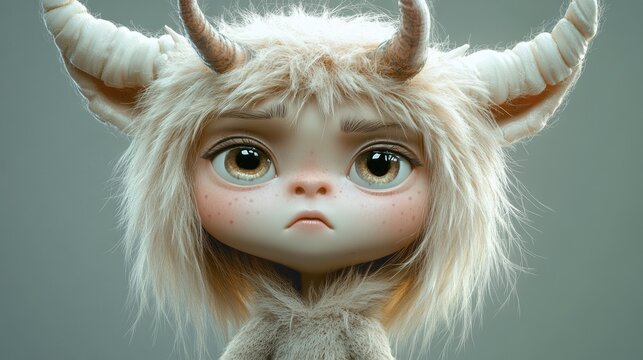 Adorable beige girl monster whimsical 2D fantasy character with a humorous twist
