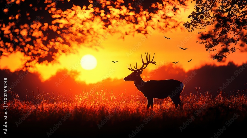 Wall mural Deer Sunset Silhouette.