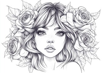 Fototapeta premium Fantasy girl with wavy hair adorned with roses illustrated in 2D style on a white background Suitable for a coloring book page tattoo or beauty salon design
