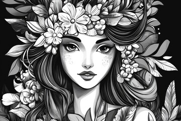 Black and white illustration of a nature goddess in a 2D cartoon style