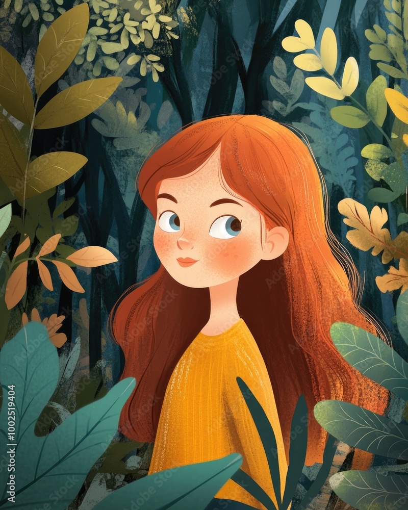 Poster charming animated character of a girl in a lush forest surrounded by botanical elements showcasing a