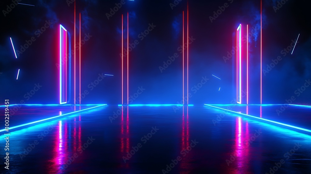 Poster futuristic neon lights with vibrant colors illuminating a dark space, creating a dynamic and energet
