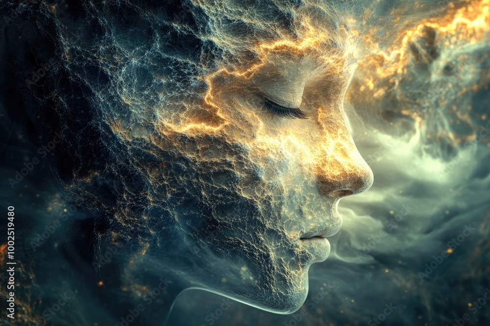 Poster human visage intertwined with fractal and artificial elements exploring themes of inner reality ment
