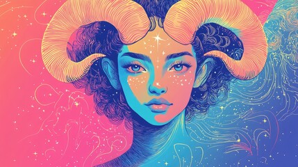 Rectangular background featuring a female portrait representing the Aries zodiac sign Colorful illustration depicting a woman