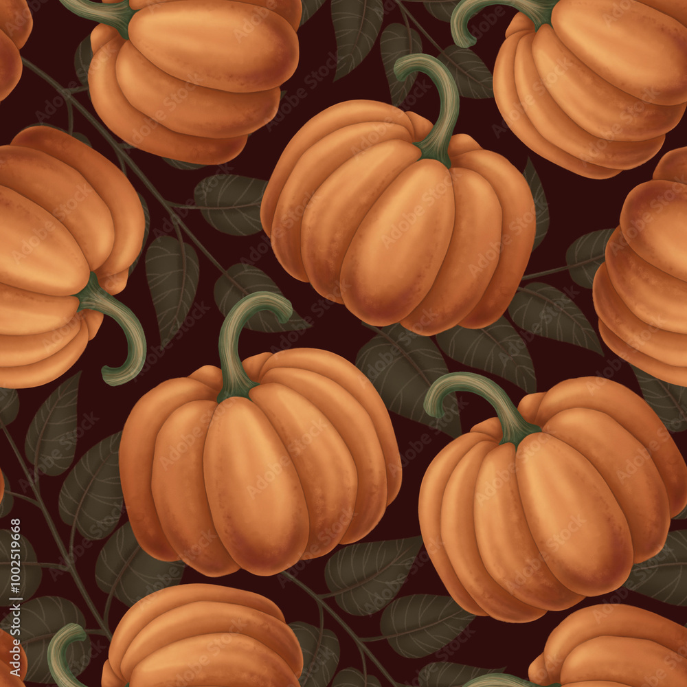 Wall mural Fall Seamless pattern with orange pumpkin and leaf in cartoon style. Hand drawn endless dark holiday background design. Dark mystical texture surface for autumn textile and spooky season crafts.