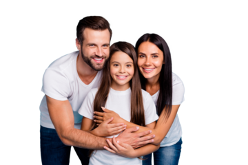 Portrait of lovely adult guy woman and cute kid hug piggyback wearing white t-shirt denim jeans isolated over blue background