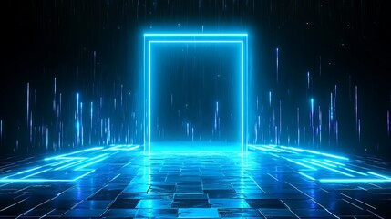 Futuristic neon portal with glowing lights, creating a digital atmosphere for technological themes.