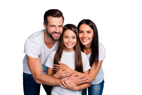 Portrait of lovely adult guy woman and cute kid hug piggyback wearing white t-shirt denim jeans isolated over blue background