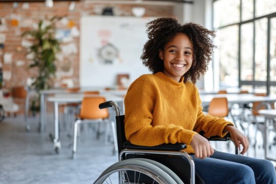 Smiling girl in wheelchair inside bright classroom setting.