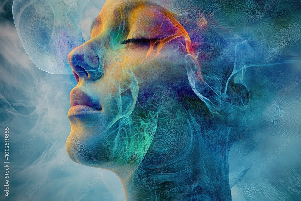 Poster human visage intertwined with fractal and artificial elements exploring themes of inner reality ment