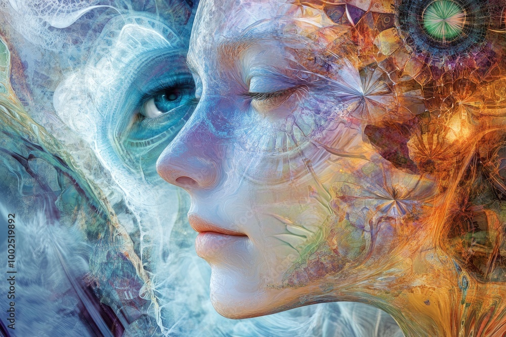 Poster human visage intertwined with fractal and artificial elements exploring themes of inner reality ment