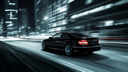Fototapeta premium Dark black and silver car zipping through the city's dim highway, motion blur intensifying the speed-2