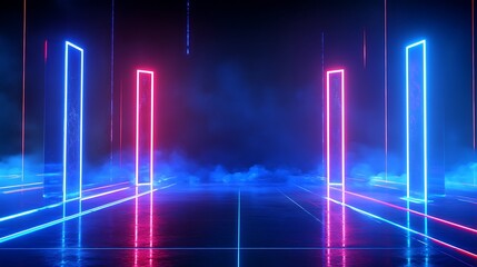 Fototapeta premium Futuristic scene with glowing neon lights, creating a vibrant atmosphere in a digital landscape.