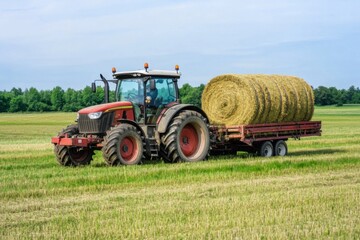 Farmer driving red tractor carrying hay bale on sunny day
