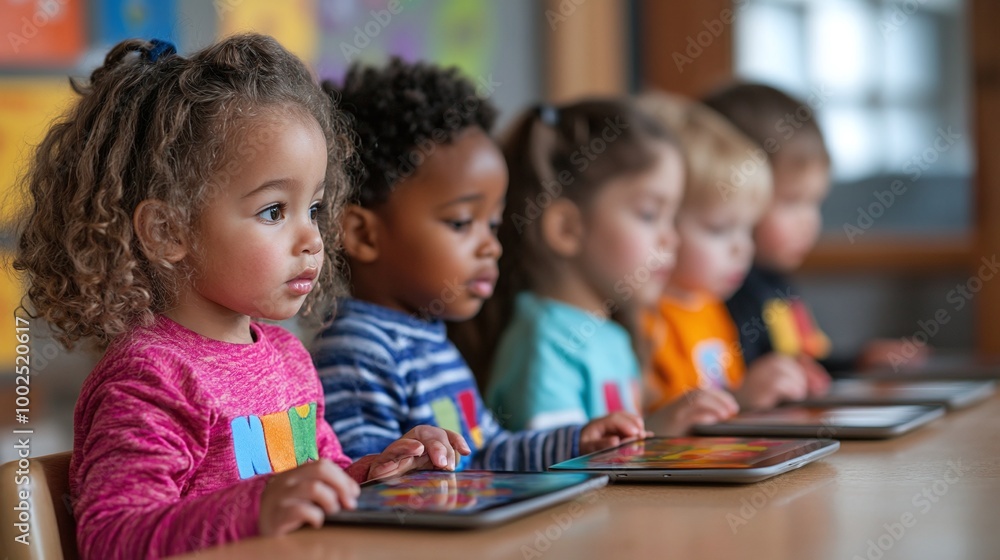 Poster children learning through tablets in a classroom setting, integrating technology to make learning mo