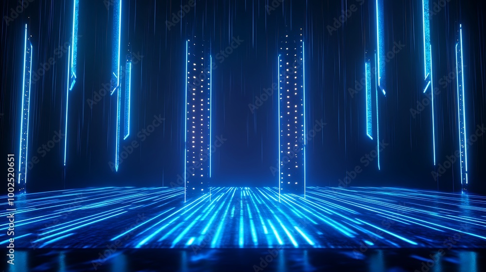 Poster futuristic stage with glowing blue lines and vertical lights creating a dynamic ambiance.