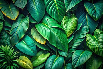 Vibrant green tropical leaf background ideal for summer and nature designs, featuring lush foliage and rich hues that
