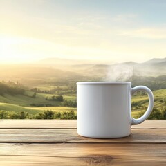 Steaming White Coffee Mug on Wooden Table with Idyllic Green Hills, Concept of Relaxation