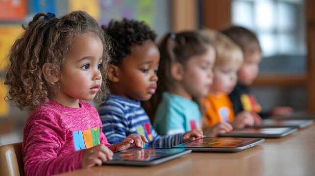 children learning through tablets in a classroom setting, integrating technology to make learning more interactive, efficient, and exciting for modern students