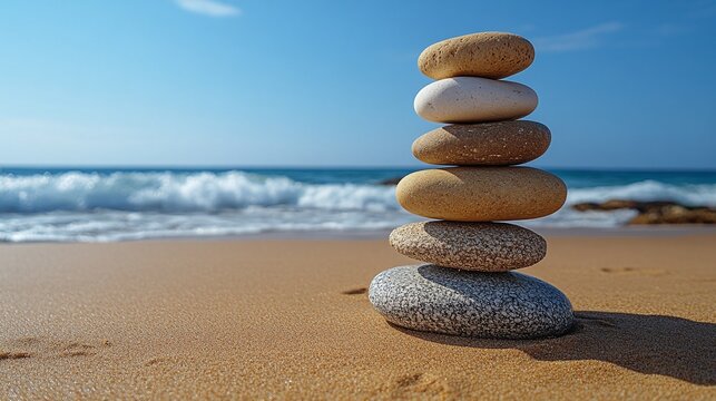 a beautiful and peaceful stack of balanced stones on a sandy beach with ocean waves crashing in the background and a vibrant blue sky, perfect for meditation and peace
