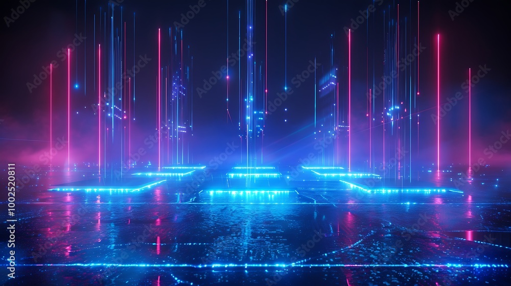 Poster futuristic technology scene with glowing neon lights and digital patterns in a dark environment.