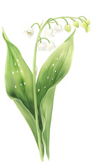 Fototapeta premium Lily of the valley flower on stem with leaves, soft greens, watercolour style.
