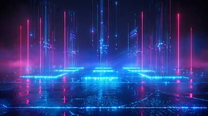 Futuristic technology scene with glowing neon lights and digital patterns in a dark environment.