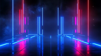 Fototapeta premium Illuminated neon corridor with blue and pink lights, creating a futuristic atmosphere in low visibility.
