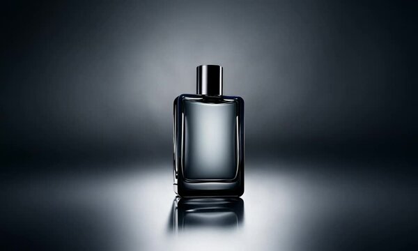 Men's perfume bottle with a clean and simple design on a dark background. Mockup for design