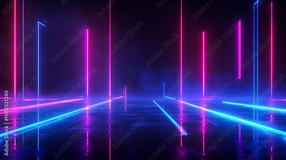 Poster neon lights illuminating a reflective surface, creating a vibrant and dynamic atmosphere.
