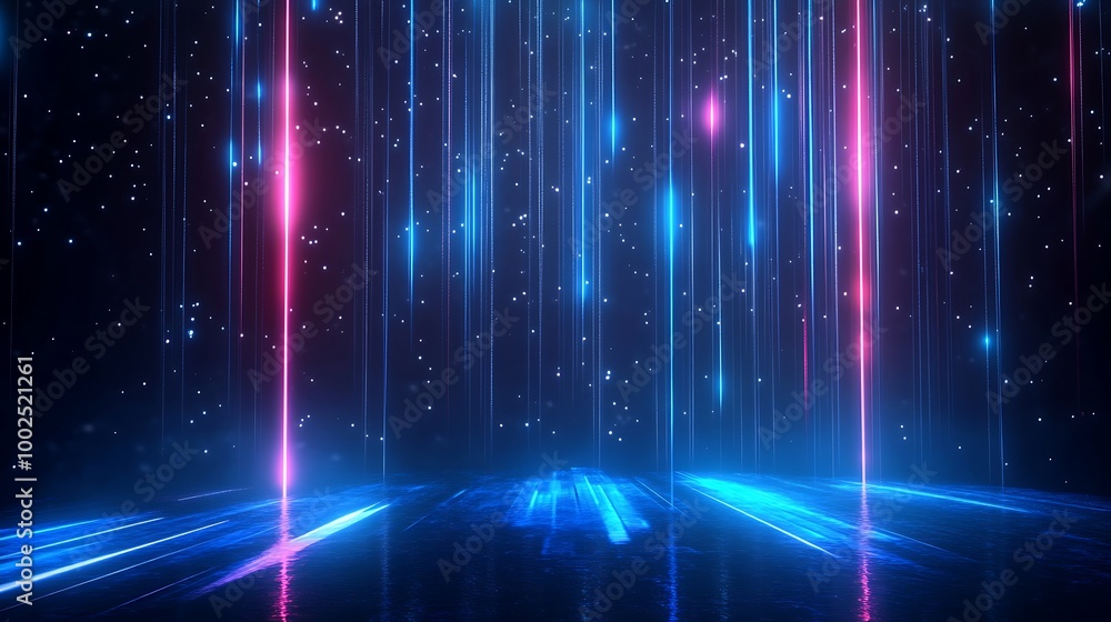 Poster Vibrant abstract background with blue and pink light streams on a dark backdrop, creating a futuristic atmosphere.