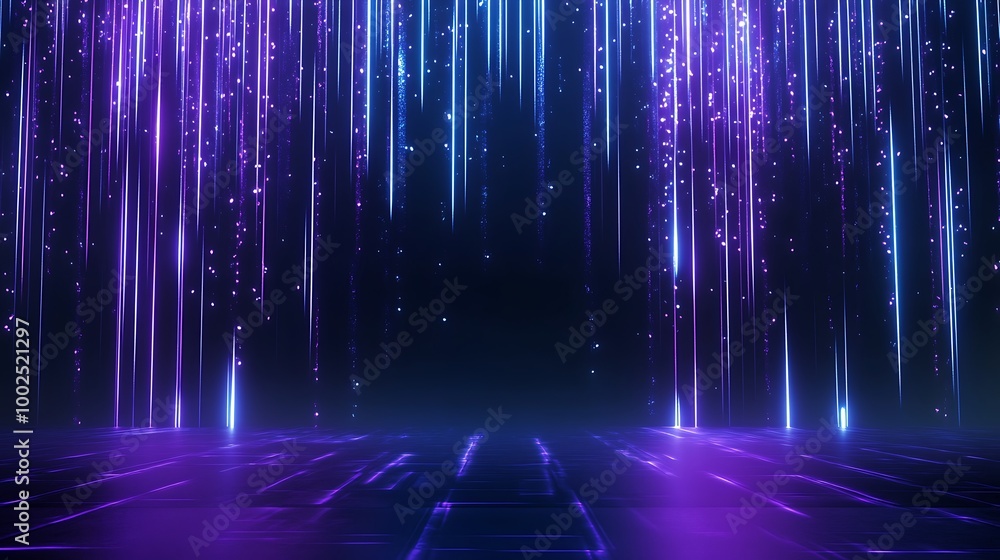 Poster vibrant abstract background with cascading blue and purple light streaks creating a dynamic digital 