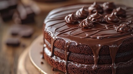 gourmet chocolate cake with smooth chocolate drizzle, showcasing indulgent cocoa flavor, bakery delight, layered sweetness, and decadent homemade dessert