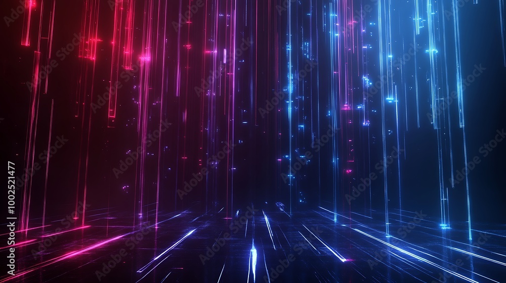 Poster vibrant abstract background with glowing lines in blue and pink colors, creating a dynamic and futur