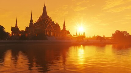 Fototapeta premium Immerse yourself in a virtual tour of Thailand's iconic Temple of Dawn, recreated in stunning 3D detail. Witness the majestic architecture illuminated by the golden rays of the rising sun.