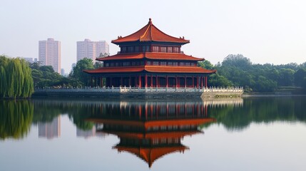 Fototapeta premium Illustrious Love Evening Pavilion, a prominent landmark in Changsha, exemplifies the architectural grandeur of ancient China.