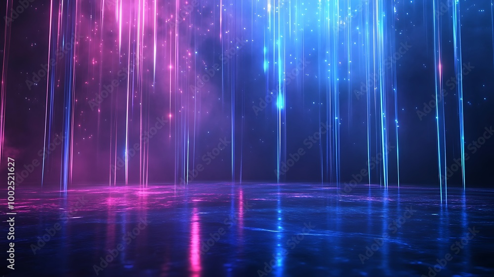 Poster vibrant abstract background with vertical light streaks in pink and blue, creating a mesmerizing vis