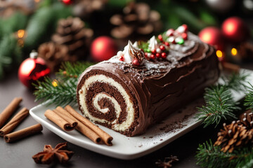 Chocolate yule log cake sitting on a white plate and decorated with christmas ornaments